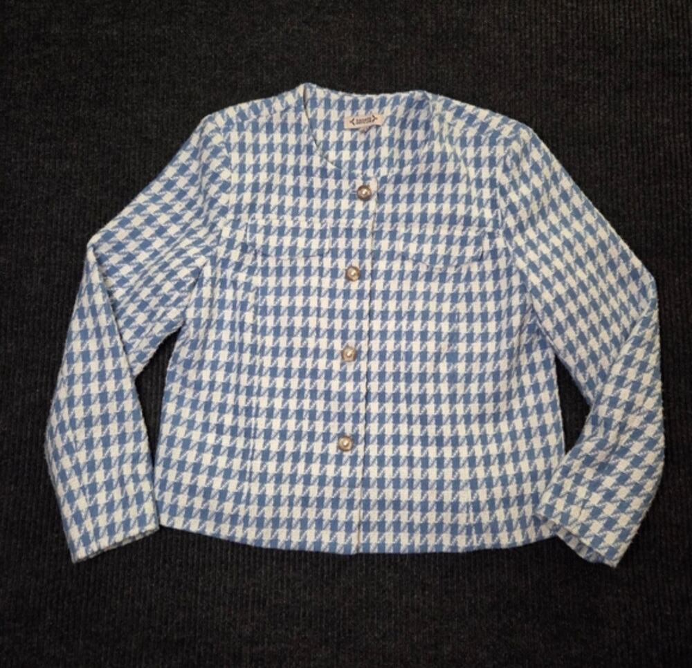 Nanette Lepore Blue White Houndstooth Tweed Jacket Pearl Button Boucle Blazer M